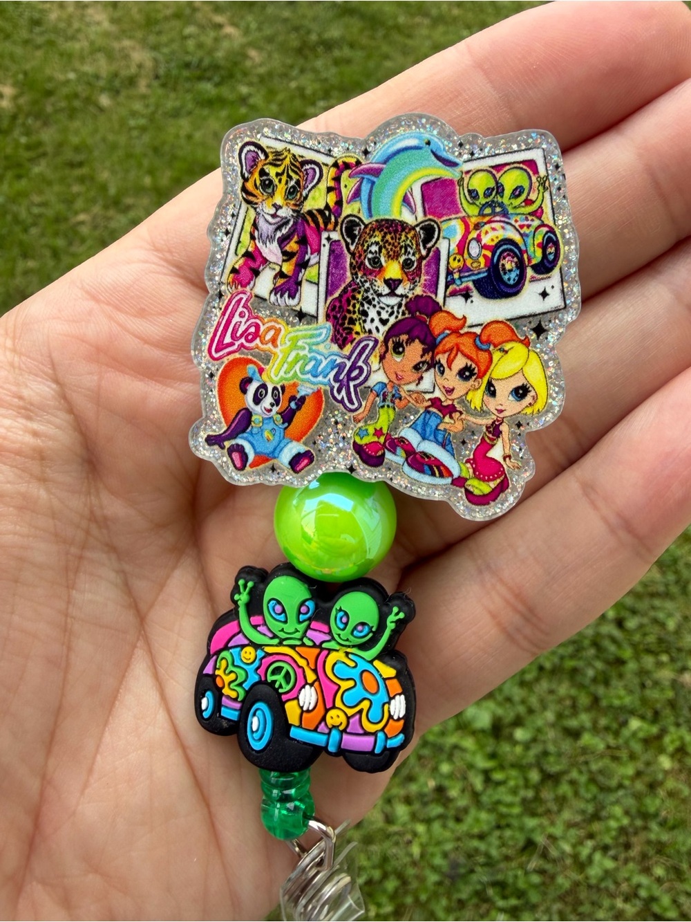 Lisa Frank Neon Green Alien Badge Reel with Glitter Character Cluster